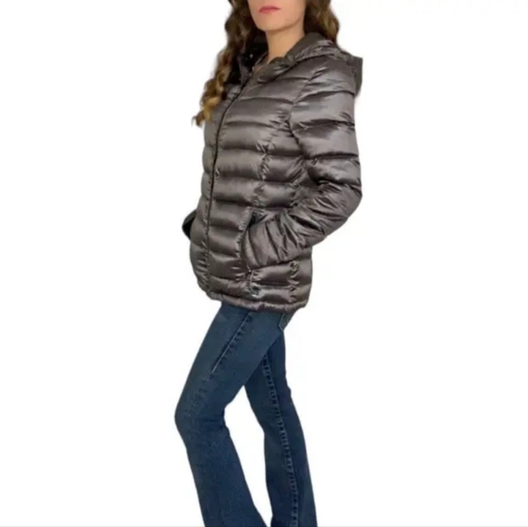 ANDREW MARC Premium Down Metallic Gray Women's Bomber Jacket Lightweight - Picture 1 of 13